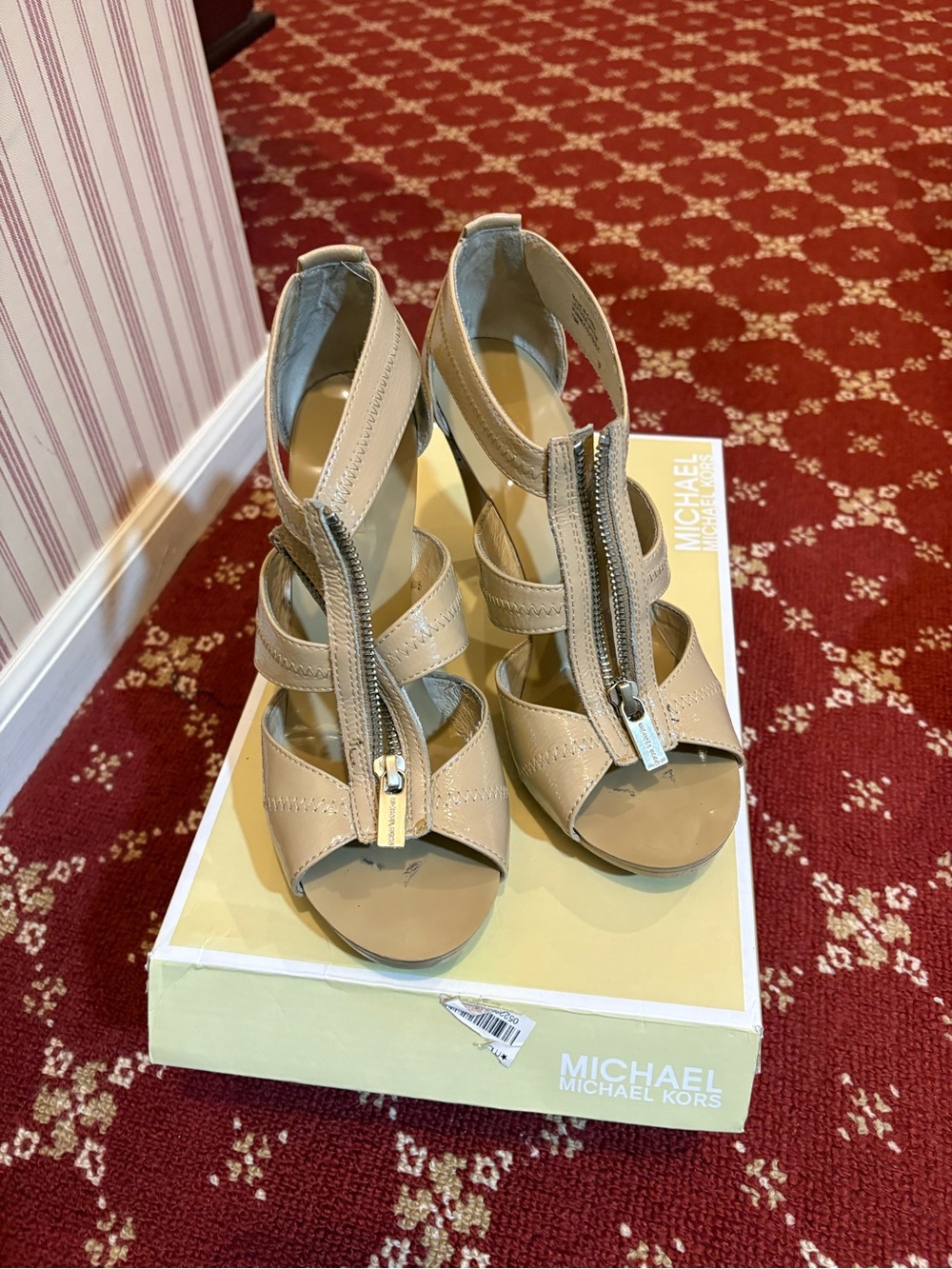 Michael Kors Women’s Beige Zipper Front Wedge Sandals